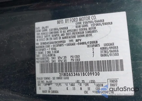 2001 Ford Windstar Sel z USA, uszkodzony, nr VIN 2FMDA53461BC09930